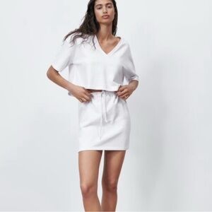 Zara Set - Cropped V-Neck Drawstring Waist Mini Dress in White